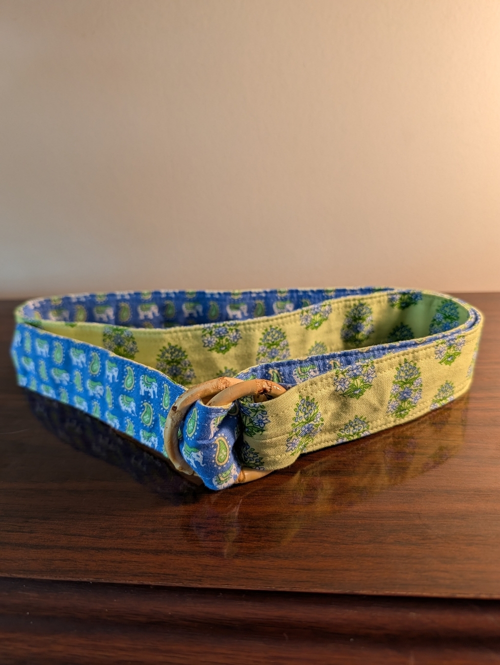 Vera Bradley Blue and Green Fabric Belt with Bamboo Ring Closure